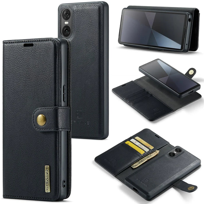 DG.MING for Sony Xperia 10 VI Case Removable 2 in 1 Split Leather Flip Phone Cover - Black - 1