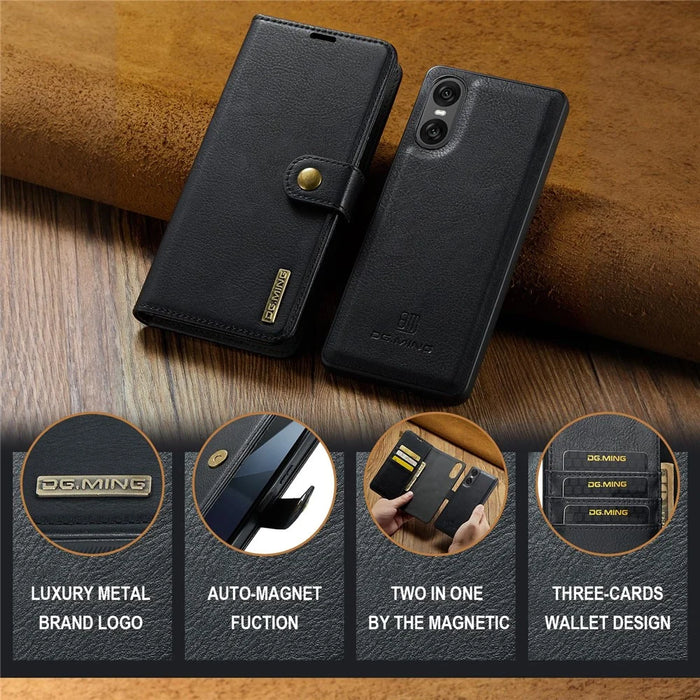 DG.MING for Sony Xperia 10 VI Case Removable 2 in 1 Split Leather Flip Phone Cover - Black - 5