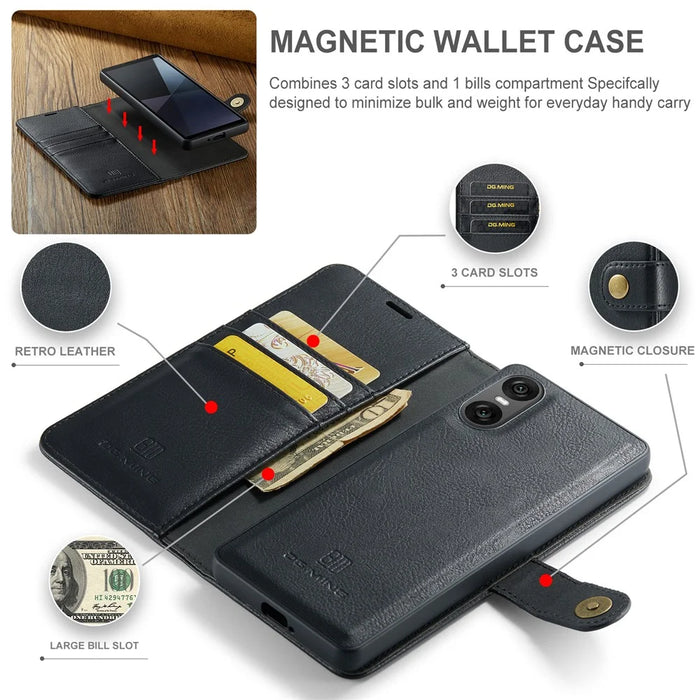 DG.MING for Sony Xperia 10 VI Case Removable 2 in 1 Split Leather Flip Phone Cover - Black - 6