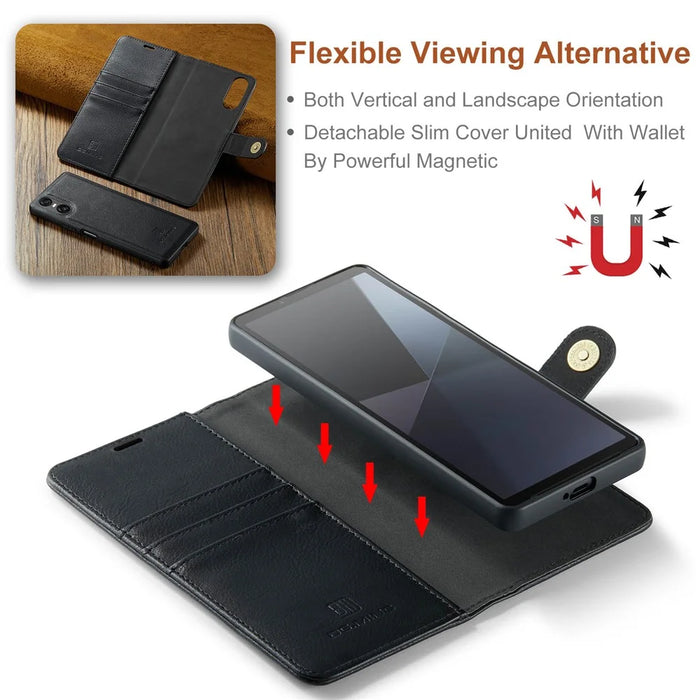DG.MING for Sony Xperia 10 VI Case Removable 2 in 1 Split Leather Flip Phone Cover - Black - 7