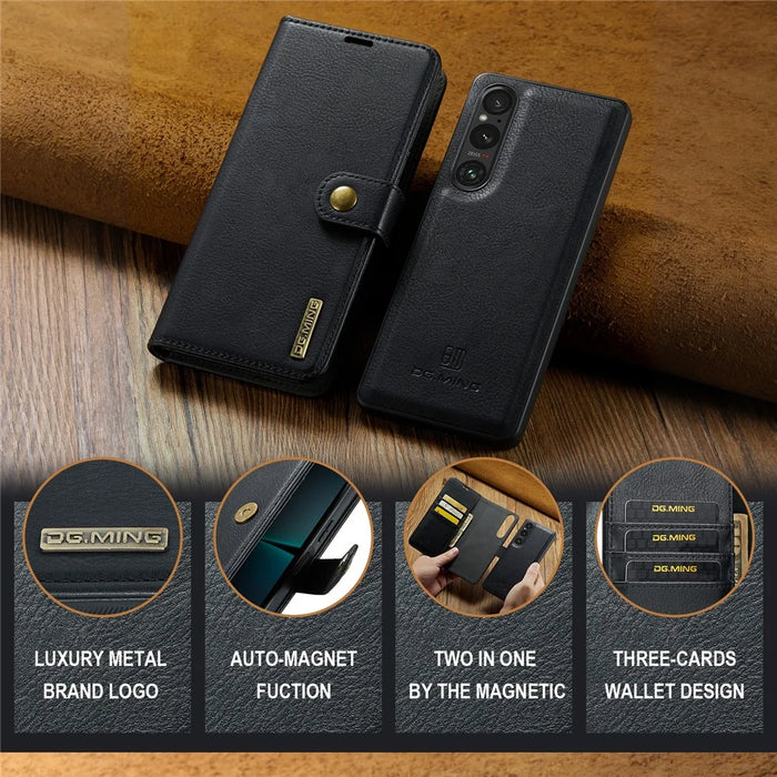 DG.MING for Sony Xperia 1 VI Case Detachable Split Leather Phone Cover - Black - 4