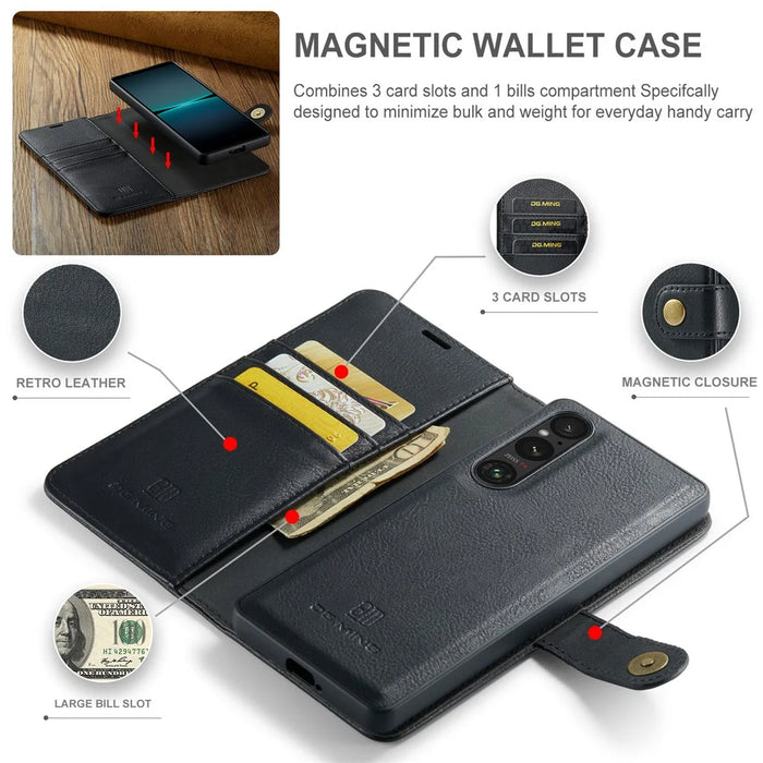 DG.MING for Sony Xperia 1 VI Case Detachable Split Leather Phone Cover - Black - 5