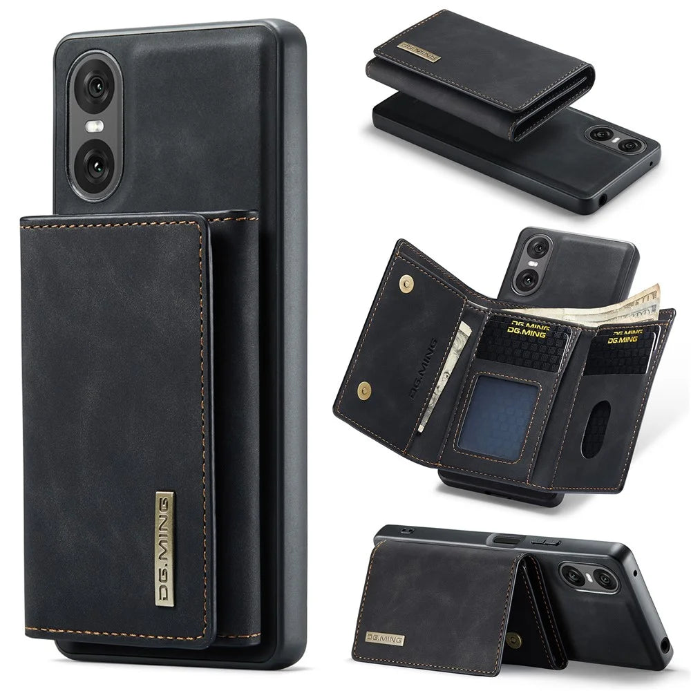 DG.MING M1 Series for Sony Xperia 10 VI Kickstand Case PU Back Phone Cover with Detachable Wallet - Black - 1
