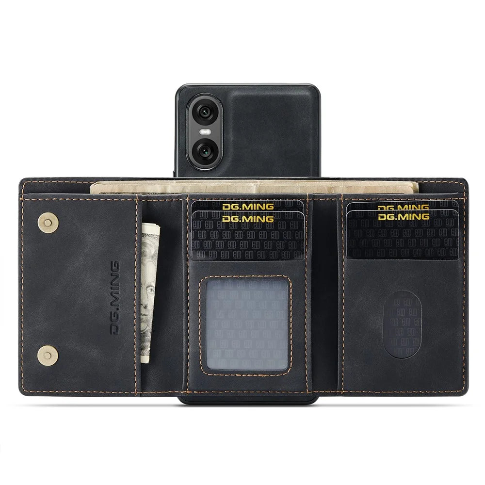 DG.MING M1 Series for Sony Xperia 10 VI Kickstand Case PU Back Phone Cover with Detachable Wallet - Black - 2