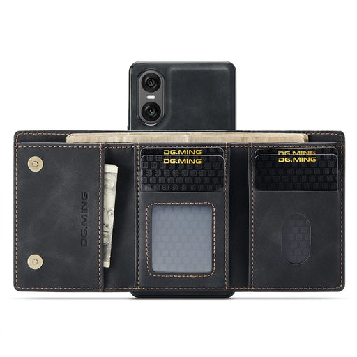 DG.MING M1 Series for Sony Xperia 10 VI Kickstand Case PU Back Phone Cover with Detachable Wallet - Black - 2