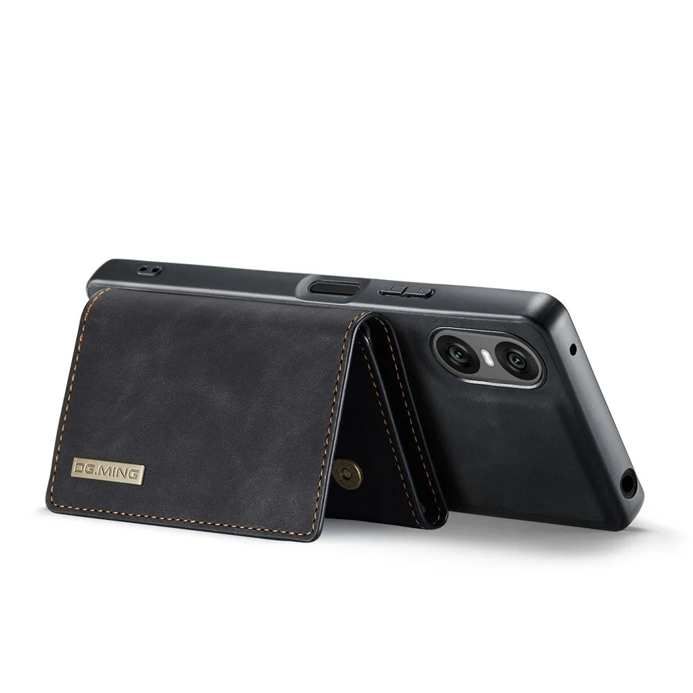 DG.MING M1 Series for Sony Xperia 10 VI Kickstand Case PU Back Phone Cover with Detachable Wallet - Black - 3