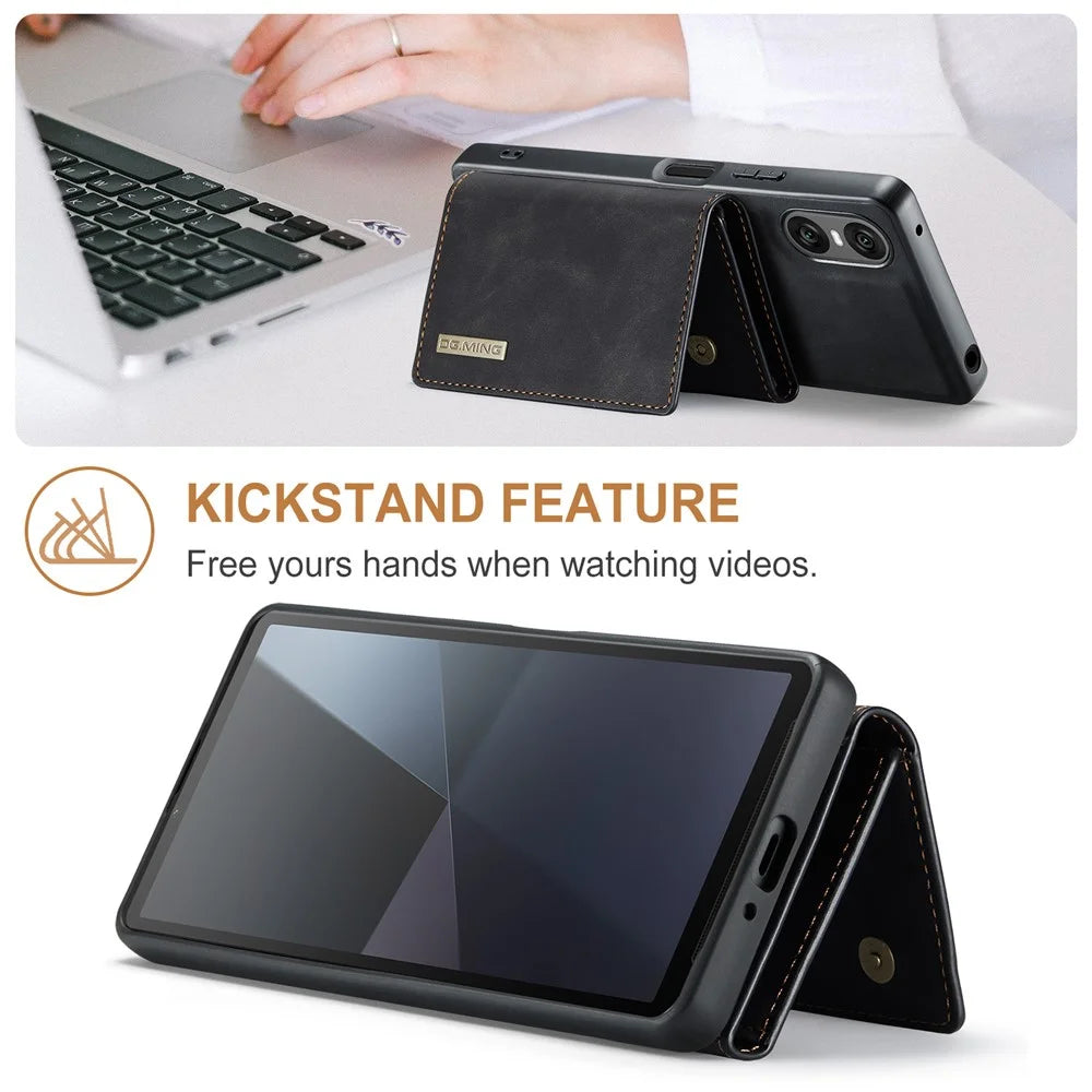 DG.MING M1 Series for Sony Xperia 10 VI Kickstand Case PU Back Phone Cover with Detachable Wallet - Black - 4