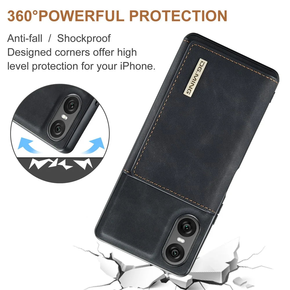 DG.MING M1 Series for Sony Xperia 10 VI Kickstand Case PU Back Phone Cover with Detachable Wallet - Black - 5