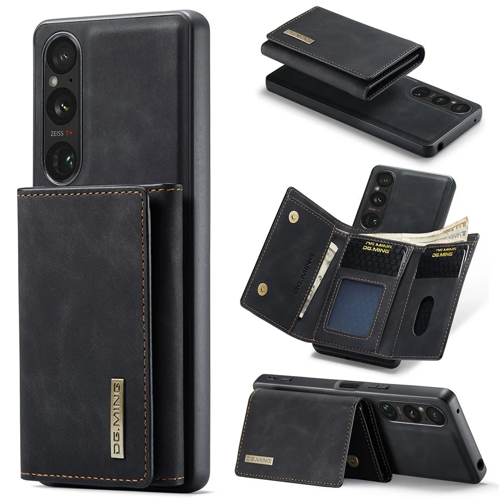 DG.MING M1 Series for Sony Xperia 1 VI Case Kickstand PU Phone Cover with Detachable Wallet - Black - 1