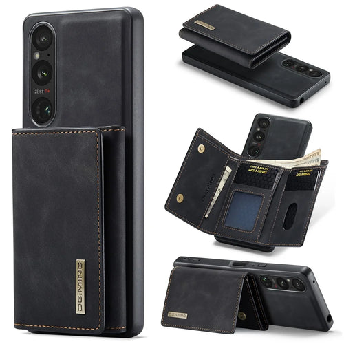 DG.MING M1 Series for Sony Xperia 1 VI Case Kickstand PU Phone Cover with Detachable Wallet - Black - 1