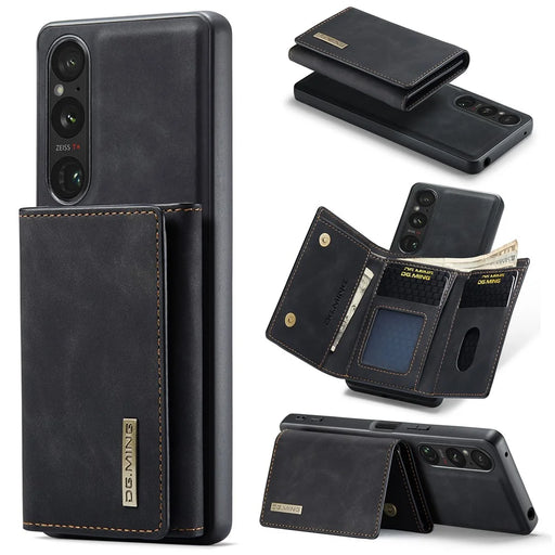 DG.MING M1 Series for Sony Xperia 1 VI Case Kickstand PU Phone Cover with Detachable Wallet - Black - 1