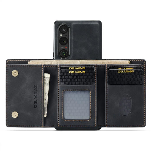 DG.MING M1 Series for Sony Xperia 1 VI Case Kickstand PU Phone Cover with Detachable Wallet - Black - 2
