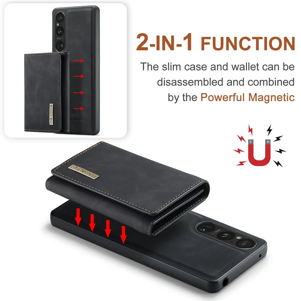 DG.MING M1 Series for Sony Xperia 1 VI Case Kickstand PU Phone Cover with Detachable Wallet - Black - 4