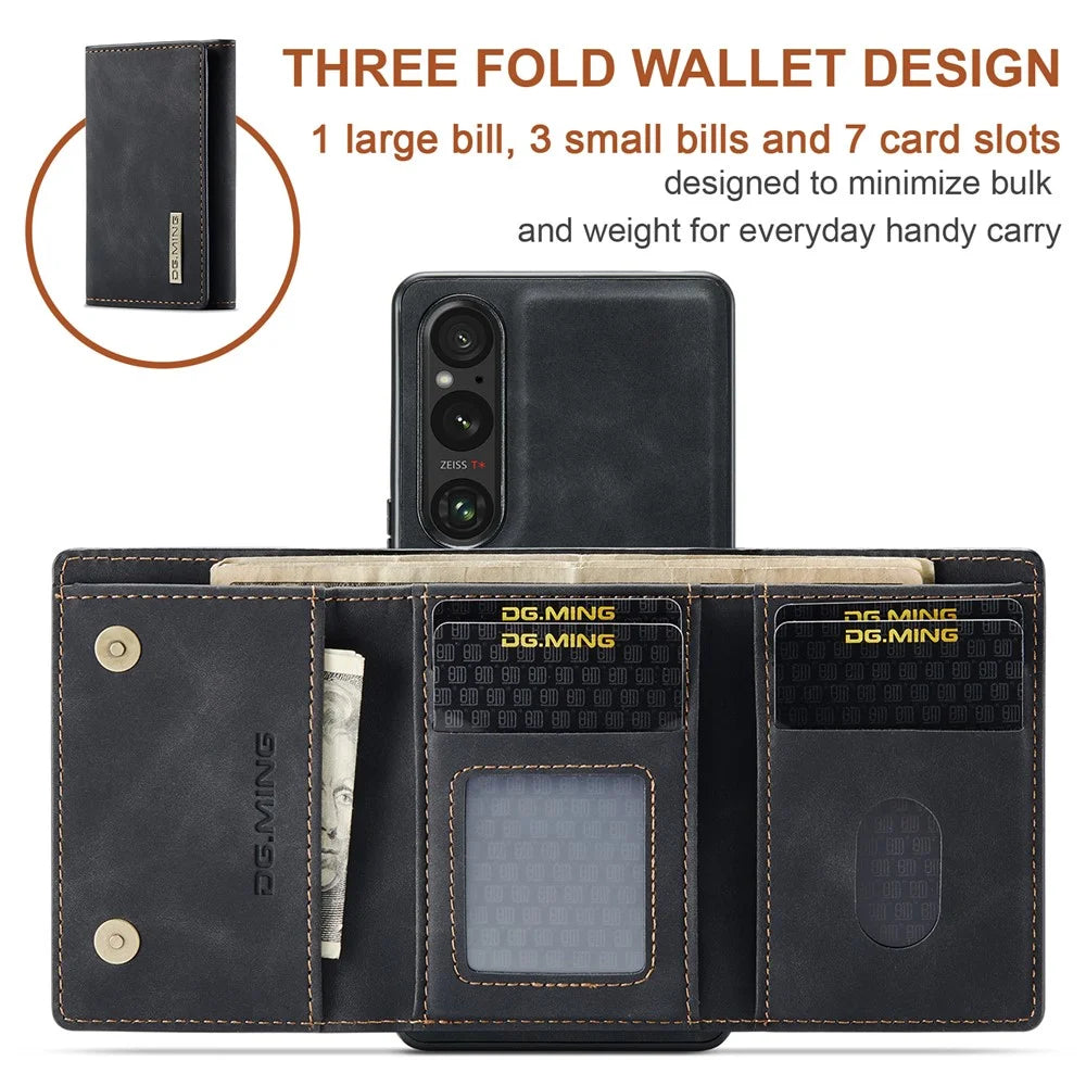 DG.MING M1 Series for Sony Xperia 1 VI Case Kickstand PU Phone Cover with Detachable Wallet - Black - 5