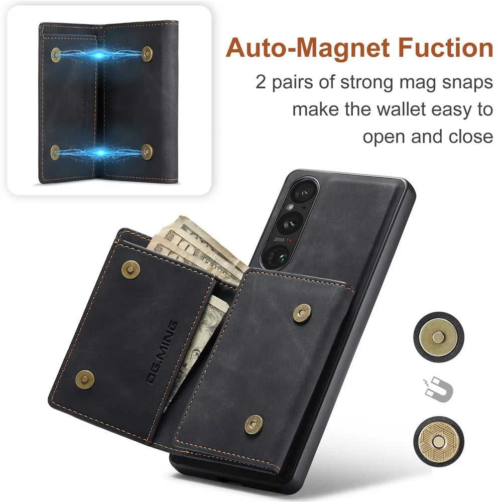 DG.MING M1 Series for Sony Xperia 1 VI Case Kickstand PU Phone Cover with Detachable Wallet - Black - 6