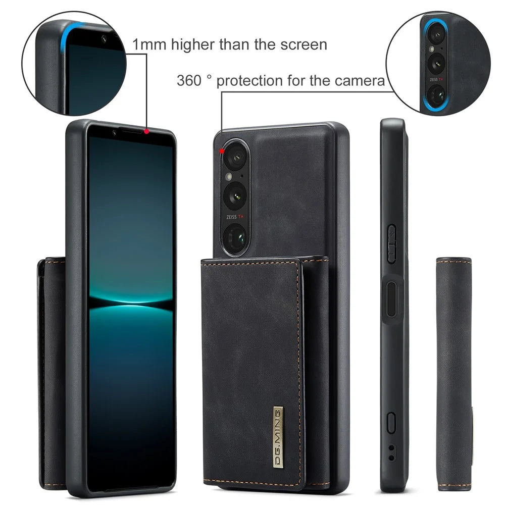 DG.MING M1 Series for Sony Xperia 1 VI Case Kickstand PU Phone Cover with Detachable Wallet - Black - 7