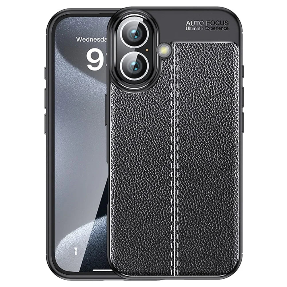 For iPhone 16 Case Litchi Texture Back TPU Phone Cover - Black - 1