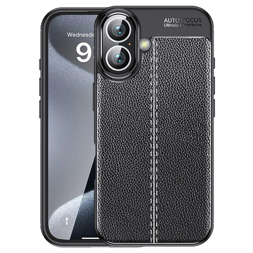 For iPhone 16 Case Litchi Texture Back TPU Phone Cover - Black - 1