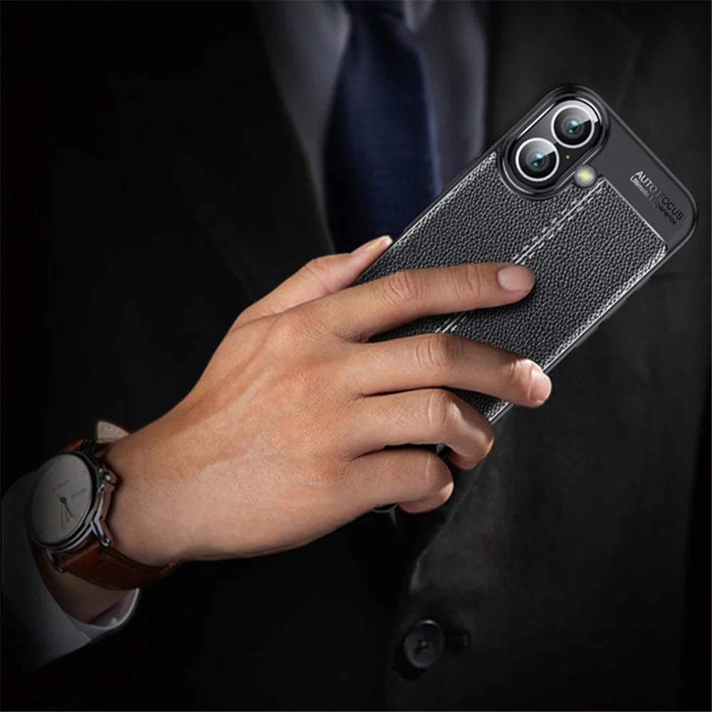 For iPhone 16 Plus Case Litchi Texture TPU Back Phone Cover - Black - 5