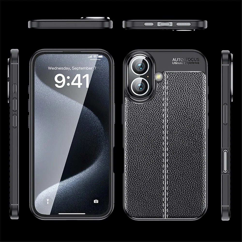 For iPhone 16 Plus Case Litchi Texture TPU Back Phone Cover - Black - 6