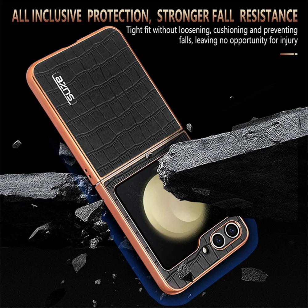 AZNS For Samsung Galaxy Z Flip7 FE 5G / Z Flip6 5G Case Crocodile Pattern PU Leather Phone Cover - Black - 5