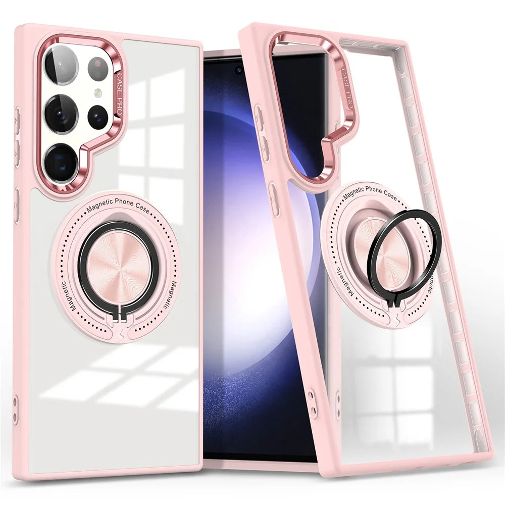 For Samsung Galaxy S23 Ultra Magnetic Case PC+TPU Clear Phone Cover with Ring Kickstand - Pink - 1