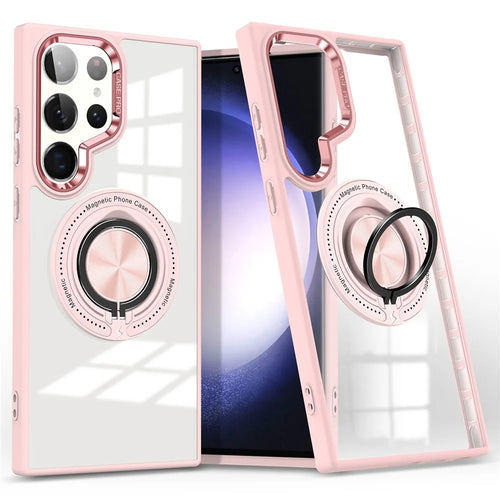 For Samsung Galaxy S23 Ultra Magnetic Case PC+TPU Clear Phone Cover with Ring Kickstand - Pink - 1