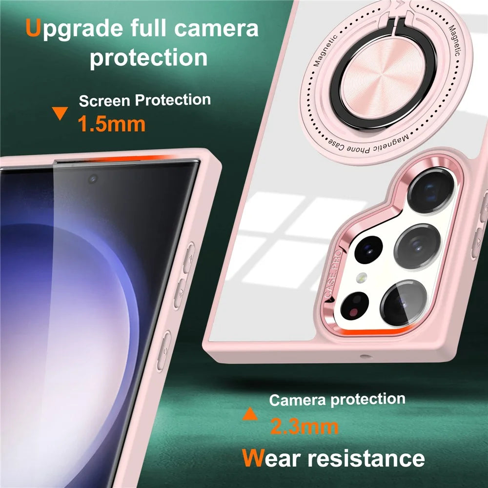 For Samsung Galaxy S23 Ultra Magnetic Case PC+TPU Clear Phone Cover with Ring Kickstand - Pink - 2