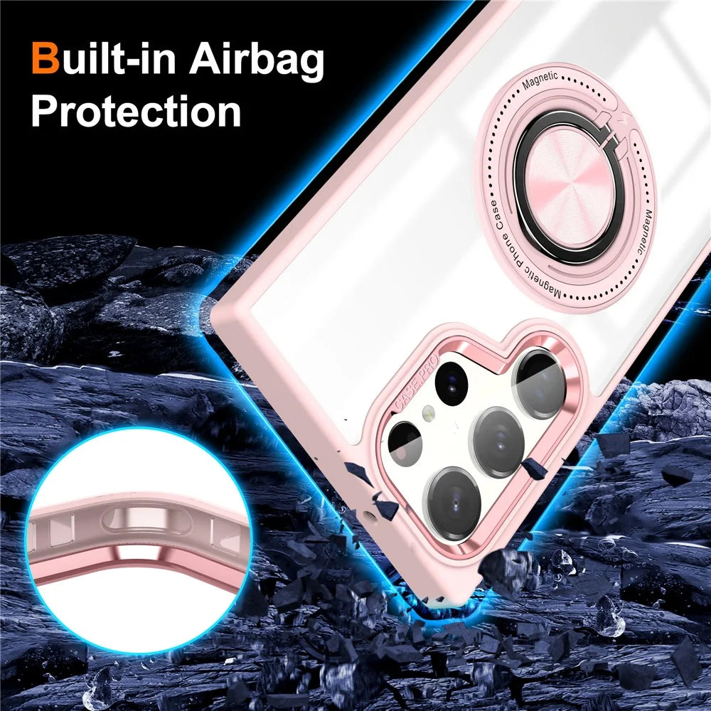 For Samsung Galaxy S23 Ultra Magnetic Case PC+TPU Clear Phone Cover with Ring Kickstand - Pink - 3