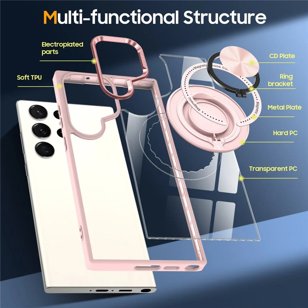 For Samsung Galaxy S23 Ultra Magnetic Case PC+TPU Clear Phone Cover with Ring Kickstand - Pink - 5