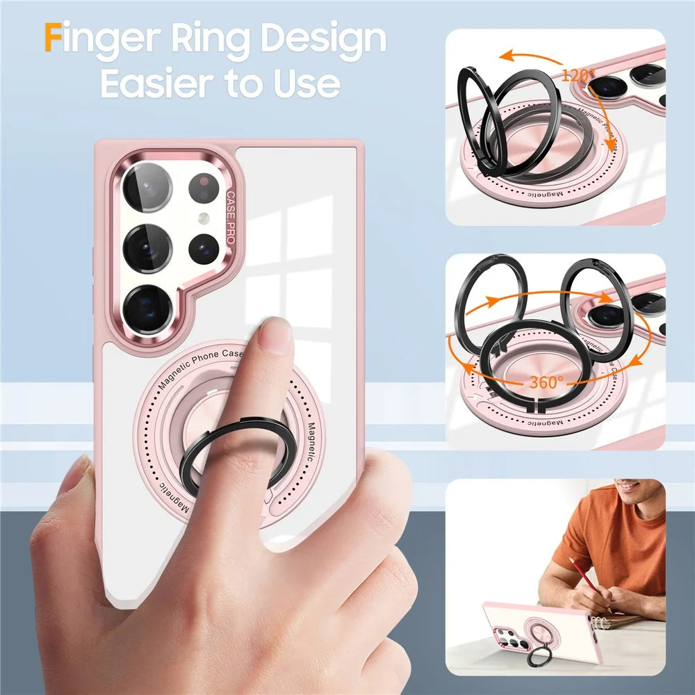 For Samsung Galaxy S23 Ultra Magnetic Case PC+TPU Clear Phone Cover with Ring Kickstand - Pink - 6