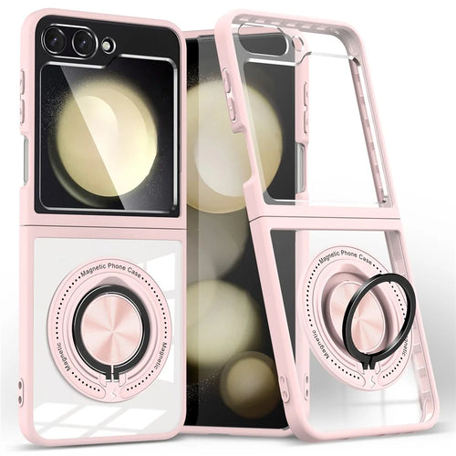 For Samsung Galaxy Z Flip5 5G Case Magnetic Ring Kickstand PC+TPU Hybrid Phone Cover - Pink - 1