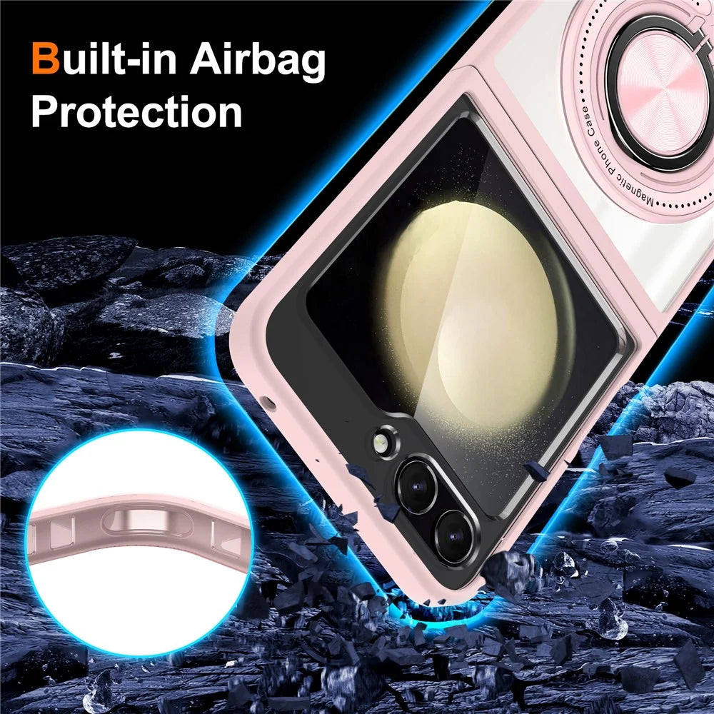 For Samsung Galaxy Z Flip5 5G Case Magnetic Ring Kickstand PC+TPU Hybrid Phone Cover - Pink - 3