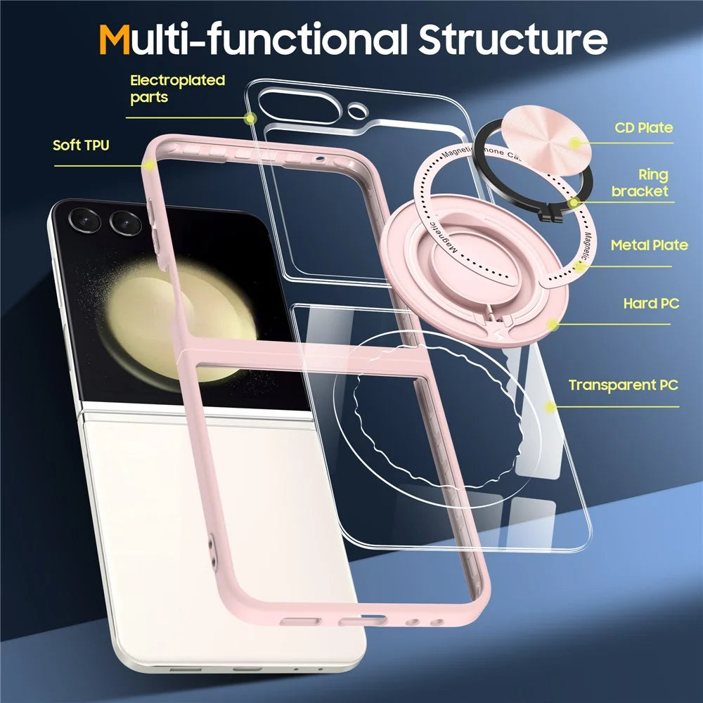 For Samsung Galaxy Z Flip5 5G Case Magnetic Ring Kickstand PC+TPU Hybrid Phone Cover - Pink - 5