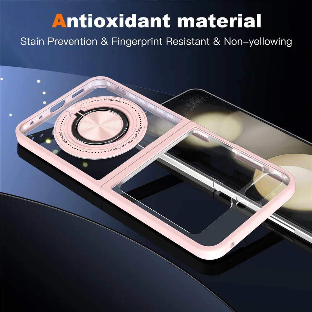 For Samsung Galaxy Z Flip5 5G Case Magnetic Ring Kickstand PC+TPU Hybrid Phone Cover - Pink - 7