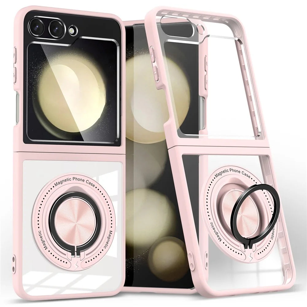 For Samsung Galaxy Z Flip7 FE 5G / Z Flip6 5G Magnetic Case TPU Frame Clear PC Back Kickstand Phone Cover - Pink - 1