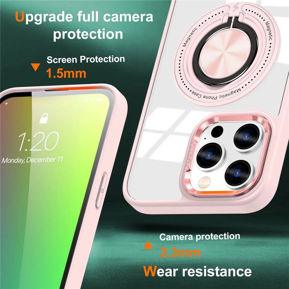 For iPhone 15 Pro Case Compatible with MagSafe Ring Kickstand Clear PC+TPU Phone Cover - Pink - 2