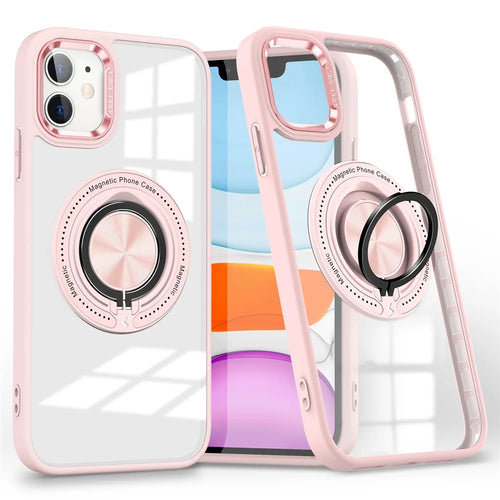 For iPhone 12  /  12 Pro Magnetic Phone Case Kickstand TPU Frame Clear PC Back Cover - Pink - 1