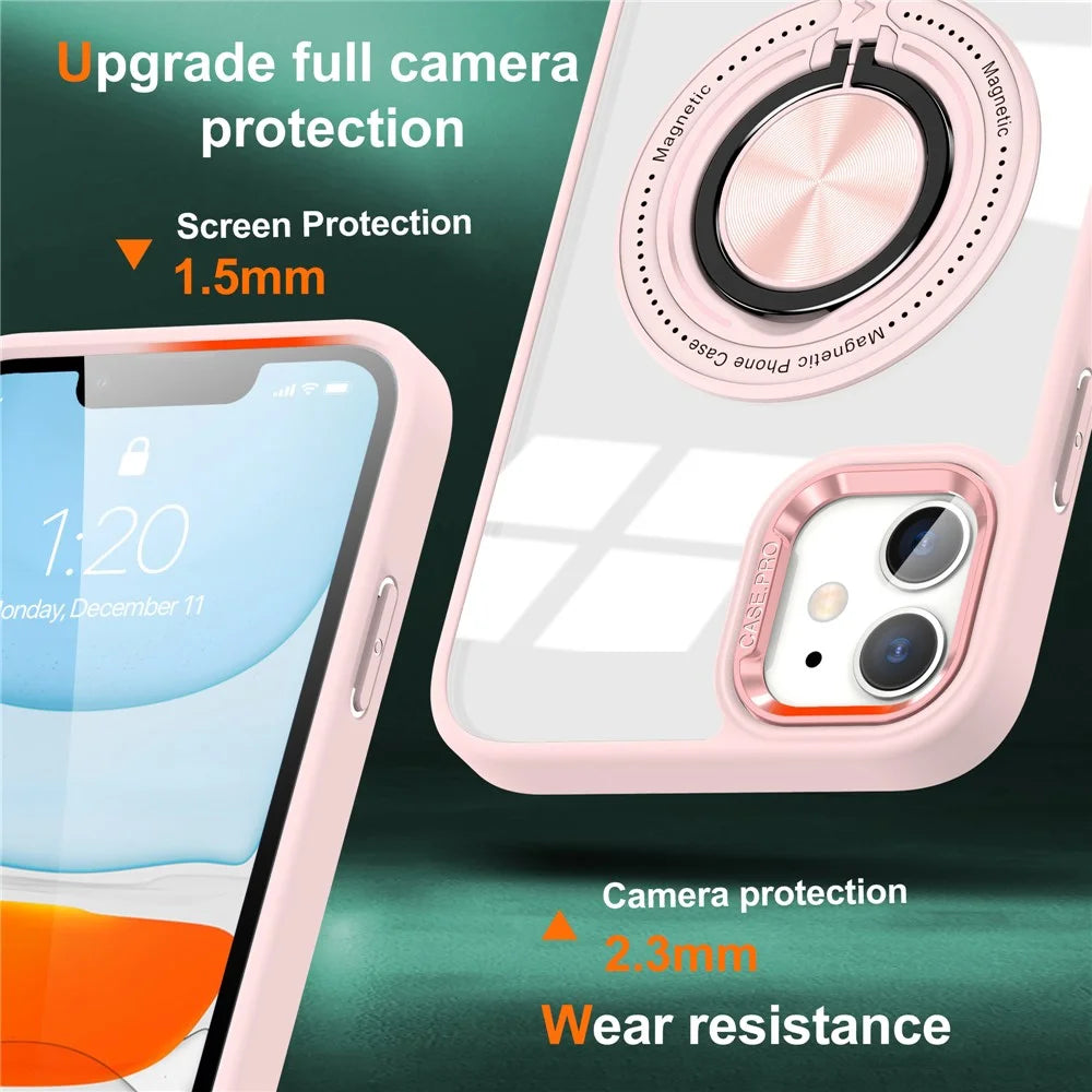 For iPhone 12  /  12 Pro Magnetic Phone Case Kickstand TPU Frame Clear PC Back Cover - Pink - 2