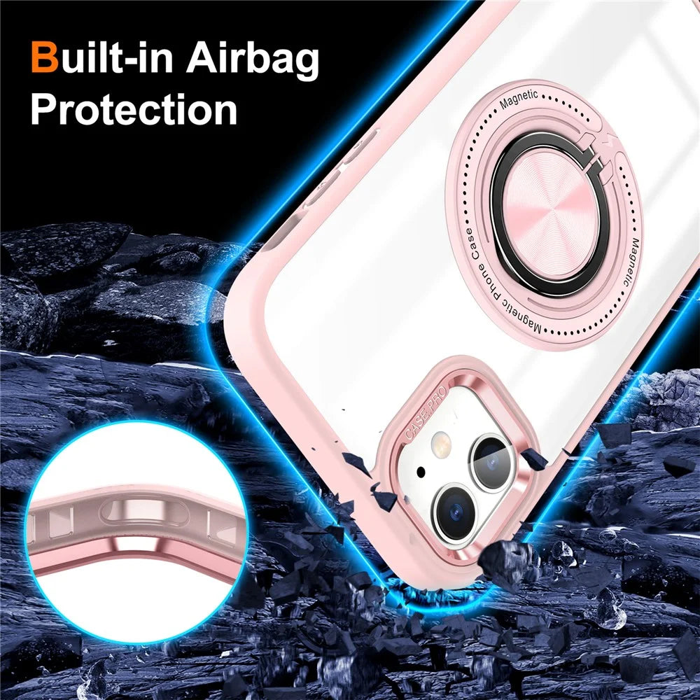 For iPhone 12  /  12 Pro Magnetic Phone Case Kickstand TPU Frame Clear PC Back Cover - Pink - 3