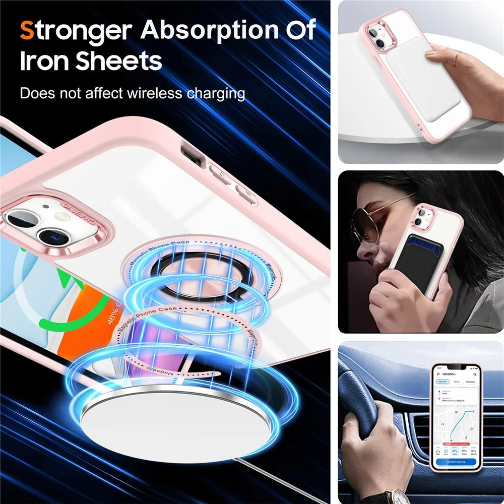 For iPhone 12  /  12 Pro Magnetic Phone Case Kickstand TPU Frame Clear PC Back Cover - Pink - 4