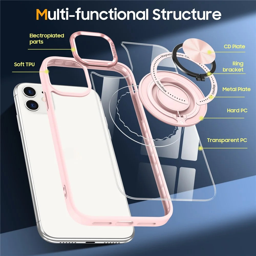 For iPhone 12  /  12 Pro Magnetic Phone Case Kickstand TPU Frame Clear PC Back Cover - Pink - 5