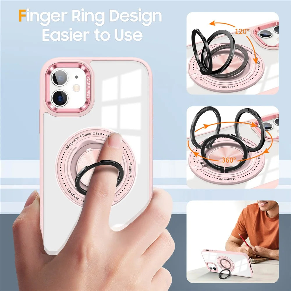 For iPhone 12  /  12 Pro Magnetic Phone Case Kickstand TPU Frame Clear PC Back Cover - Pink - 6