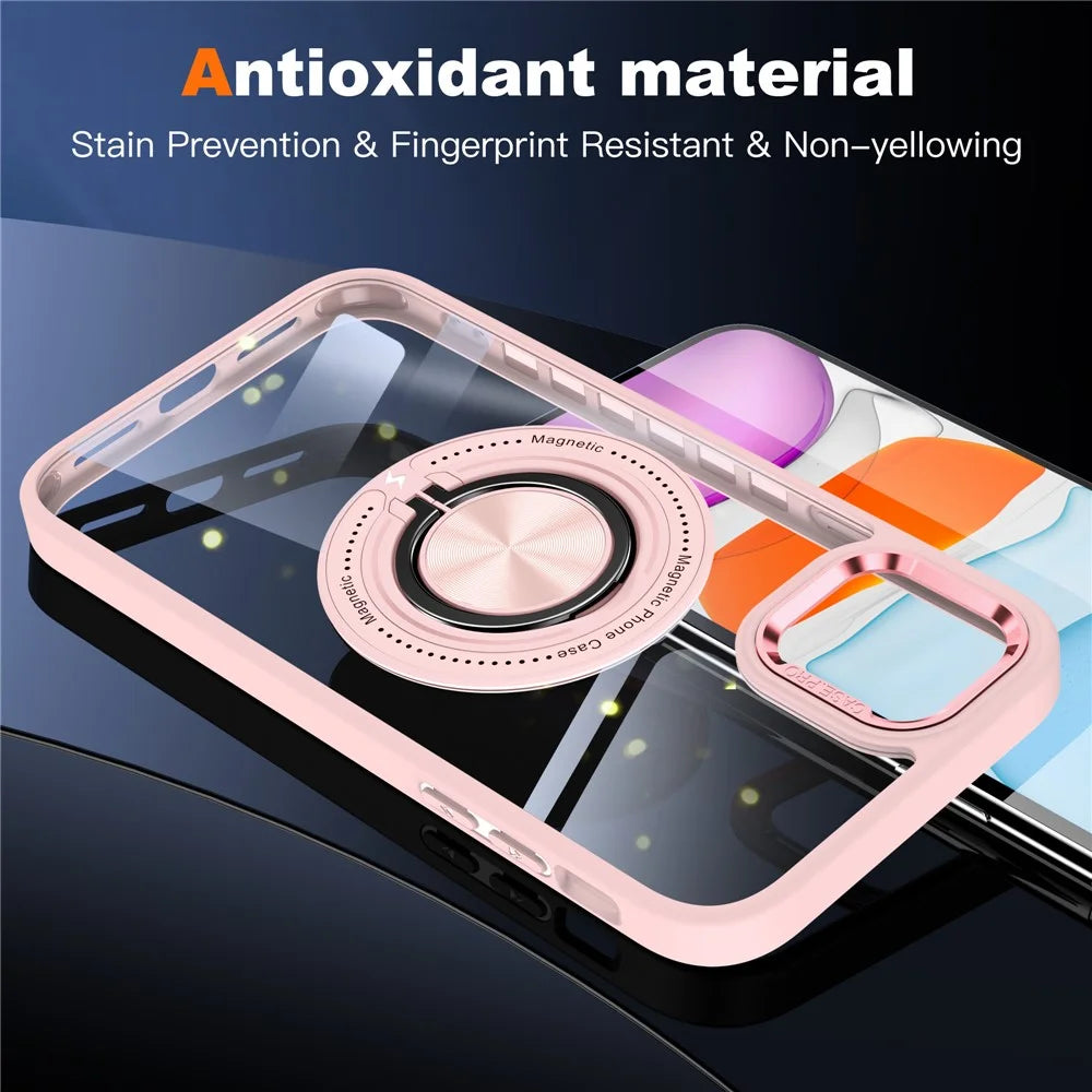 For iPhone 12  /  12 Pro Magnetic Phone Case Kickstand TPU Frame Clear PC Back Cover - Pink - 7