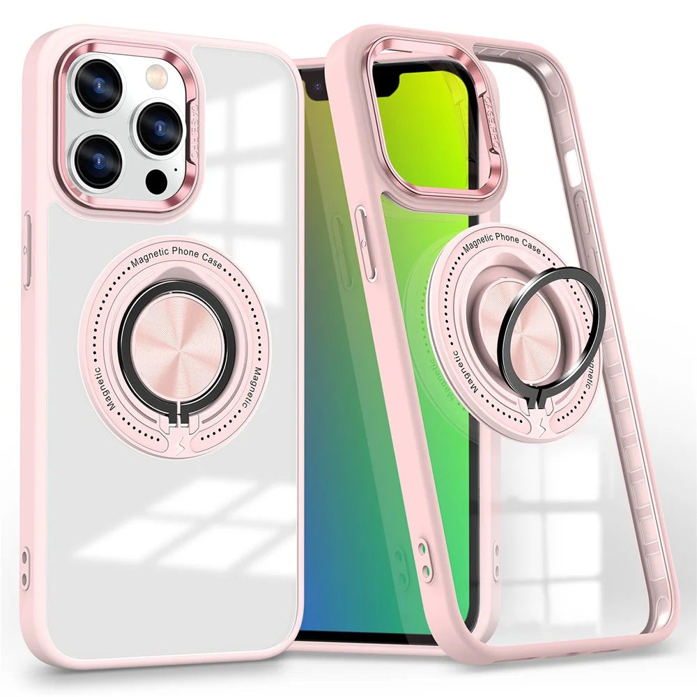 For iPhone 13 Pro Max Case Magnetic Ring Kickstand PC+TPU Clear Phone Cover -  Pink - 1
