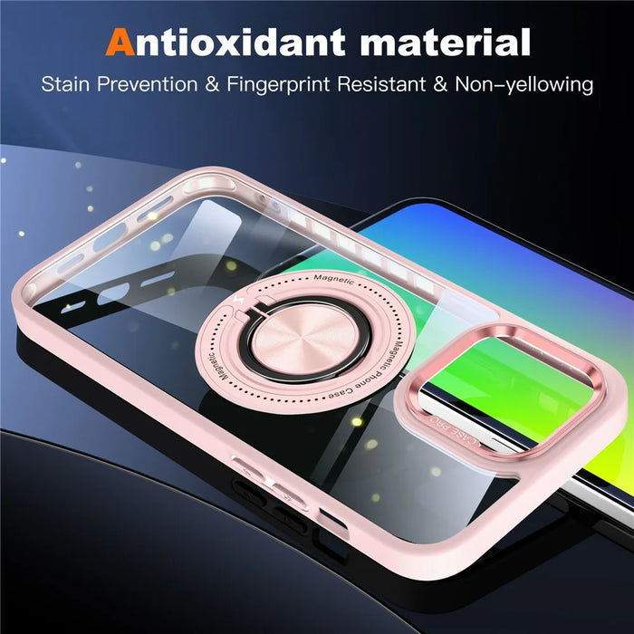 For iPhone 13 Pro Max Case Magnetic Ring Kickstand PC+TPU Clear Phone Cover -  Pink - 7