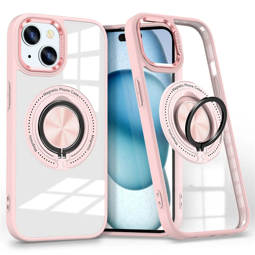 For iPhone 14 Plus Case Magnetic Kickstand TPU Frame Hard PC Clear Phone Cover - Pink - 1