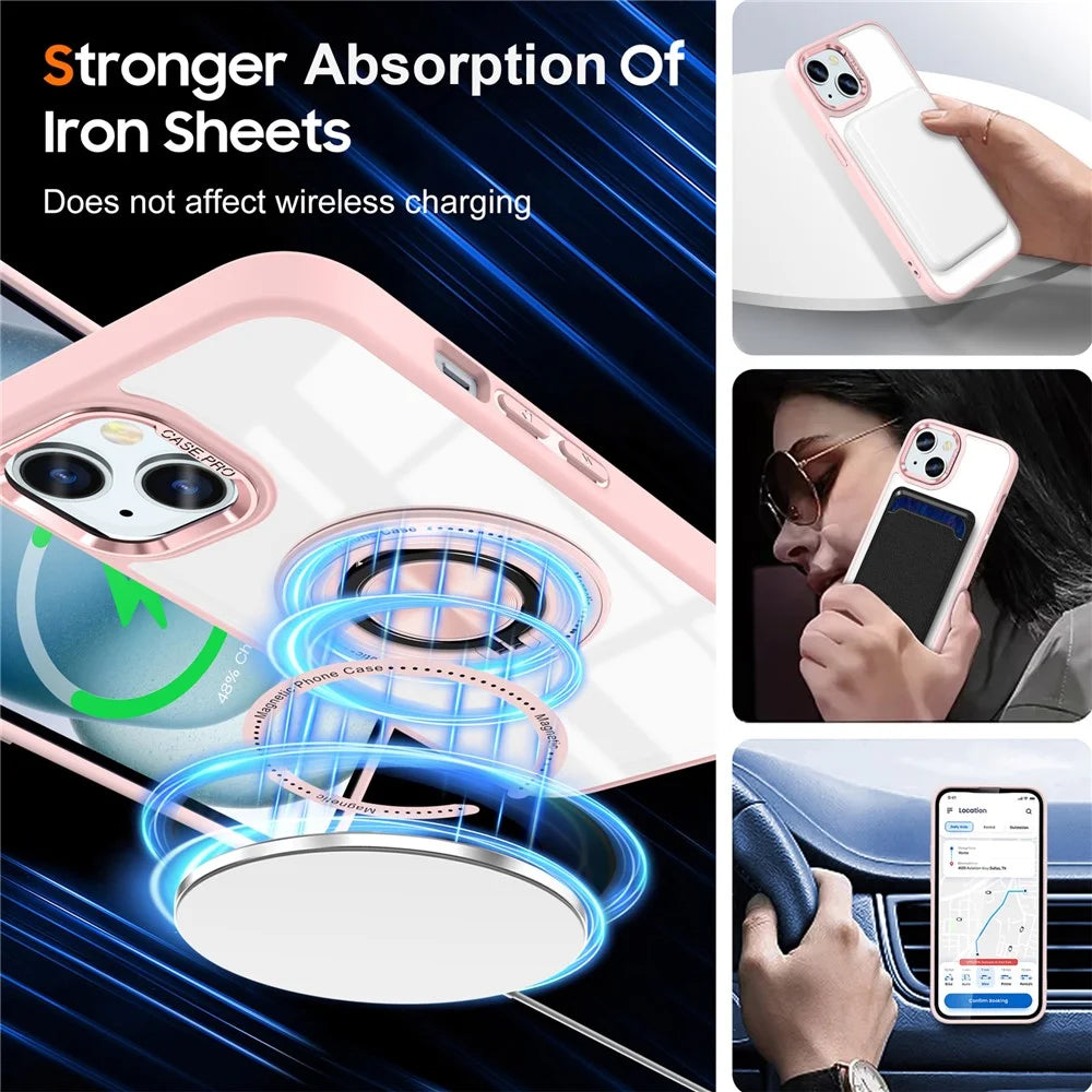 For iPhone 14 Plus Case Magnetic Kickstand TPU Frame Hard PC Clear Phone Cover - Pink - 4