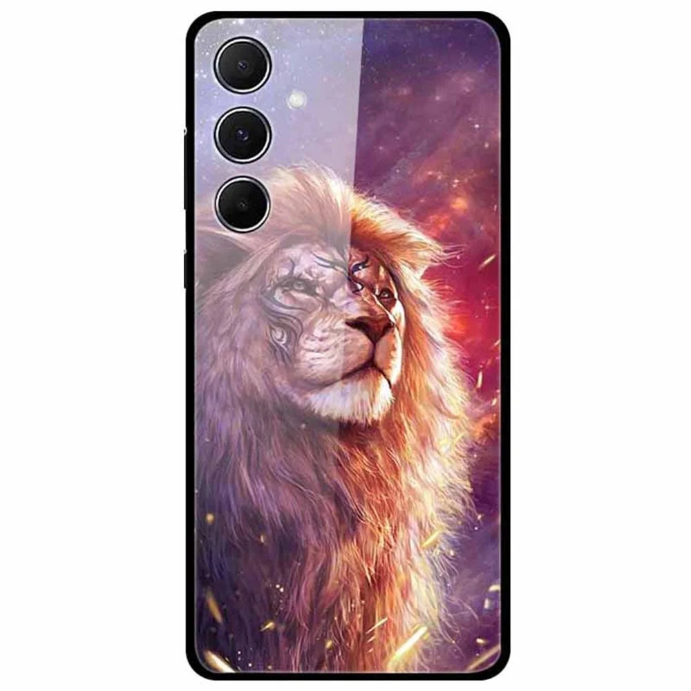 For Samsung Galaxy A55 5G Case Anti-Scratch Tempered Glass Pattern Phone Cover - Tattoo Lion - 1