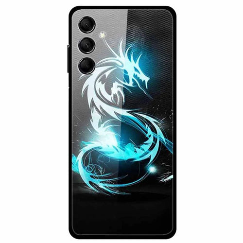 For Samsung Galaxy M14 5G Case Pattern Print Tempered Glass+TPU Anti-scratch Phone Cover - Blue Light Dragon - 1